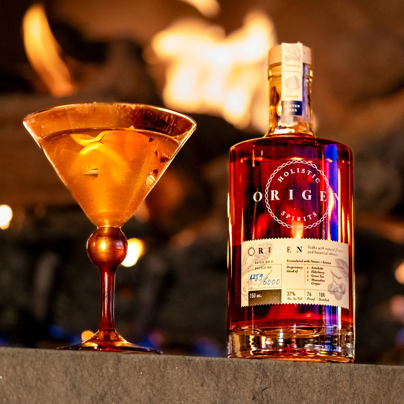 Origen Holistic Spirits Vodka and a cocktial.